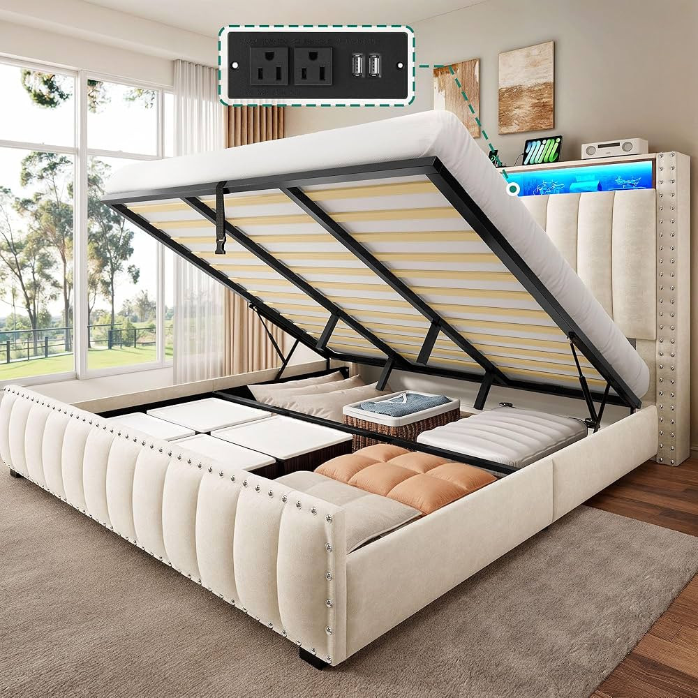 DWVO King Size Lift Up Storage Bed Frame with Charging Station, Velvet Upholstered Platform Bed w... | Amazon (US)