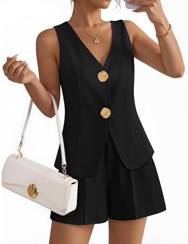 ZESICA Women’s Summer Casual 2 Piece Short Sets 2026 Button Suit Vest Tops Shorts Dressy Business Work Outfits Black X-Large | Amazon (US)