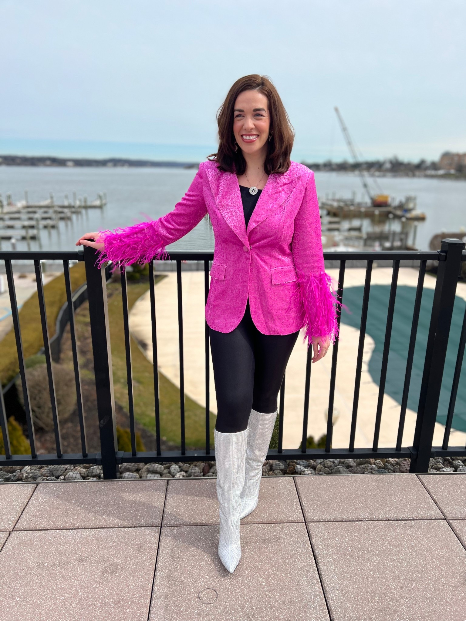 Fuschia feather blazer (s). Black long sleeve top (s). Black faux leather leggings (s). Silver embellished boots (8.5). #blazer #fuschiablazer #featherblazer #top #longsleevetop #blacktop #leggings #fauxleatherleggings #blackleggings #boots #silverboots #embellishedboots #springoutfit 
spring outfits 2026

#LTKSpringSale #LTKSeasonal
