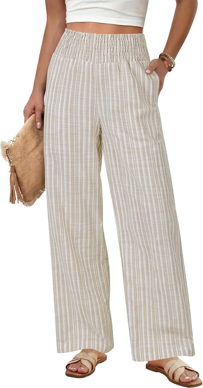 GRAPENT Linen Pants for Women Wide Leg Trendy Pull On High Rise Striped Elastic Smock Waist Beach... | Amazon (US)