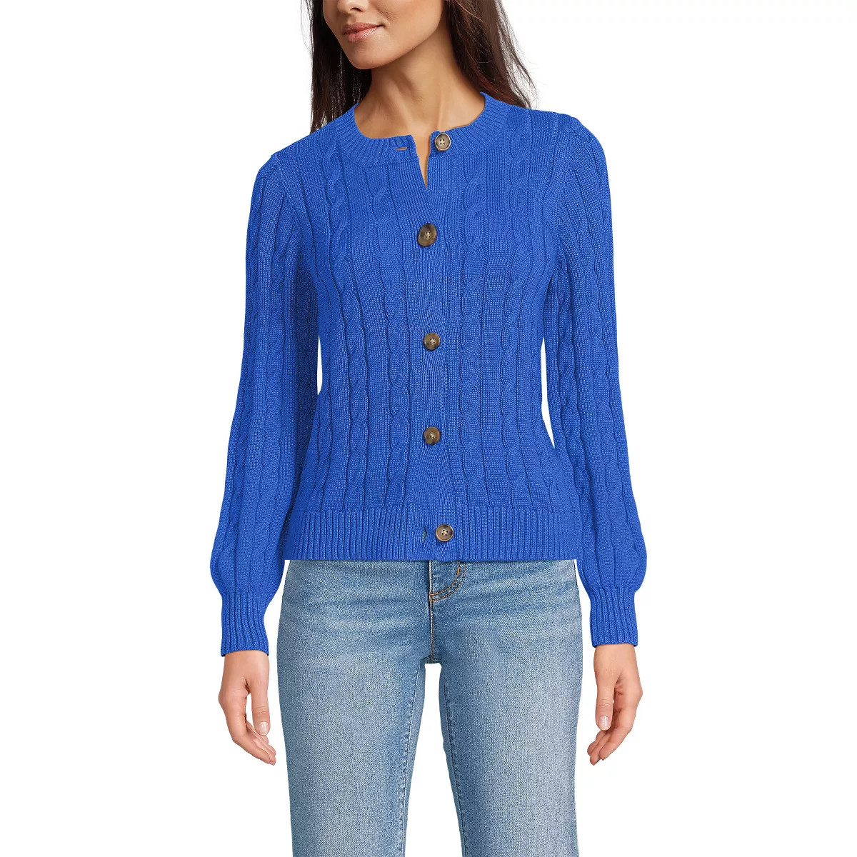 Lands' End Women's Drifter Classic Cable Crew Neck Cardigan Sweater - Large - Vibrant Lapis | Target