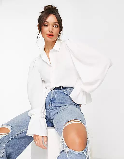 ASOS DESIGN volume sleeved soft shirt with ruffle cuffs in ivory | ASOS (Global)