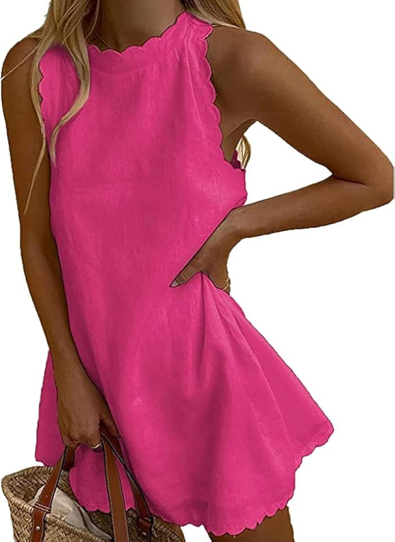 Women's Casual Sleeveless Dresses: 2023 Summer Sleeveless Dresses Linen Tank Dress Halter Scallop... | Amazon (US)
