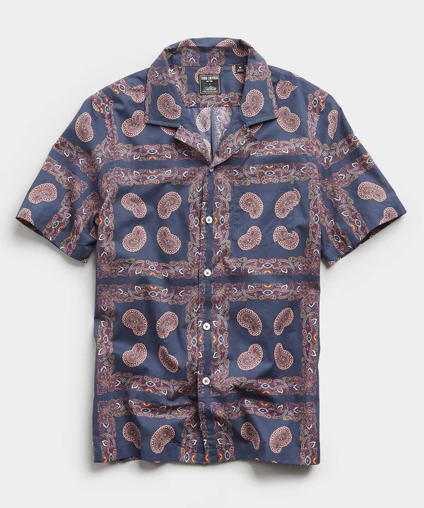Bandana Print Camp Collar Short Sleeve Shirt in Navy | Todd Snyder