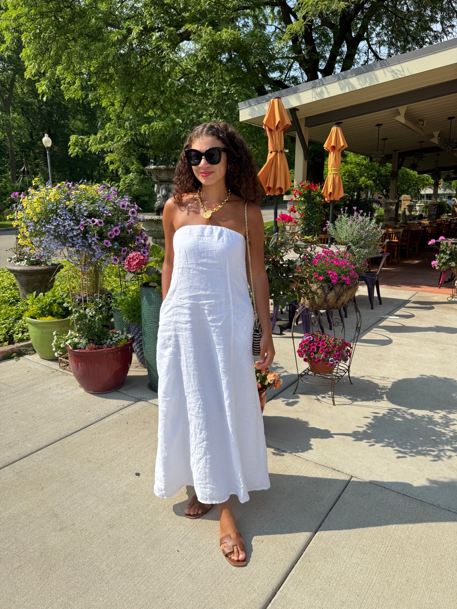 Strapless white linen maxi dress, leather sandals, and gold jewelry for a chic summer outfit for outdoor patios and cafes 

#LTKSummerEdit #LTKSeasonal #LTKStyleTip