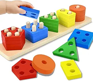 CHESLICR Toddler Montessori Toys for 1 2 3 Year Old, Wooden Block Color Shape Sorter Stacking Lea... | Amazon (US)