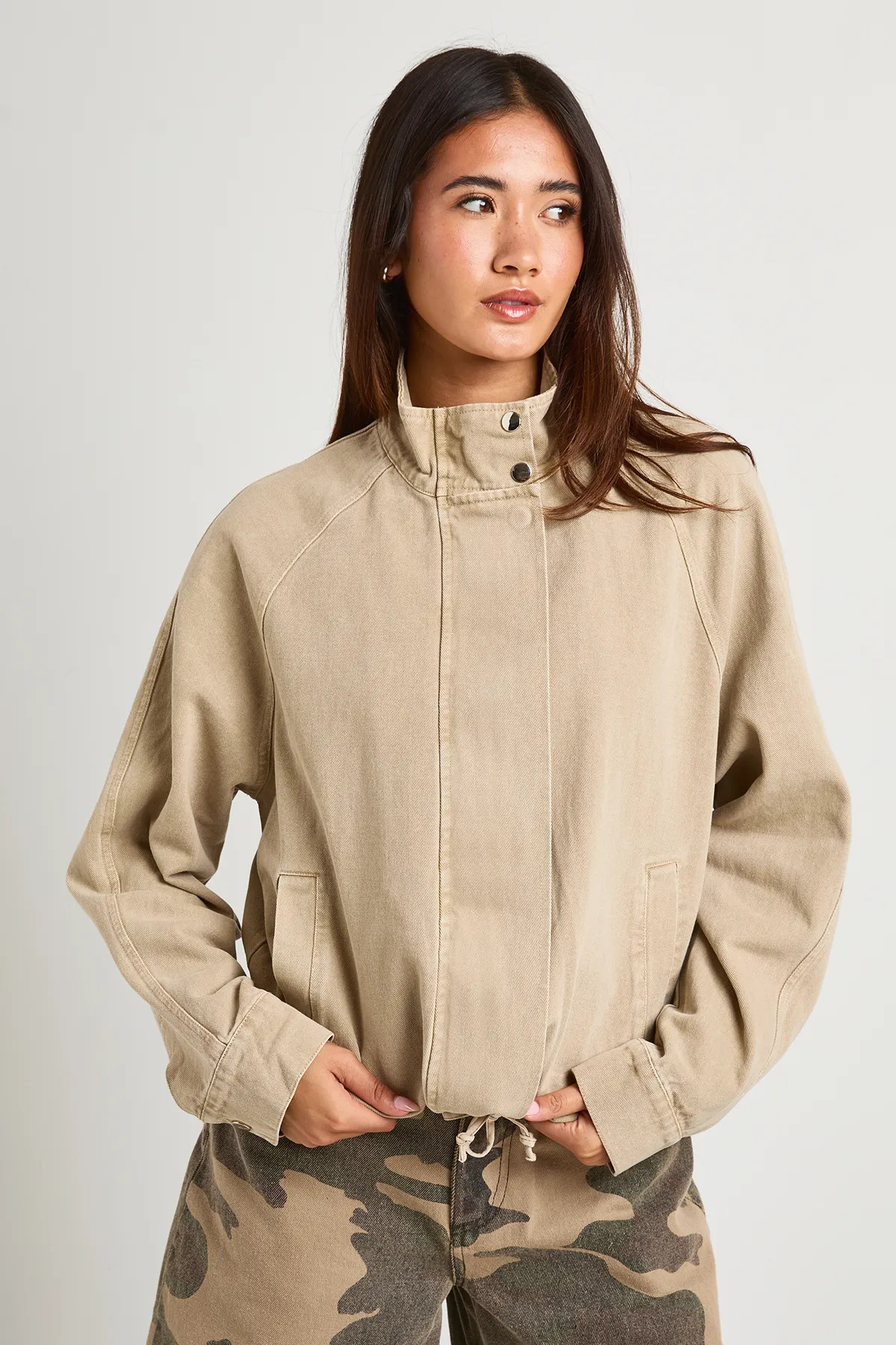 boohoo Women's Funnel Neck Denim Bomber Jacket in Stone | Size: 16 | Boohoo.com (UK & IE)