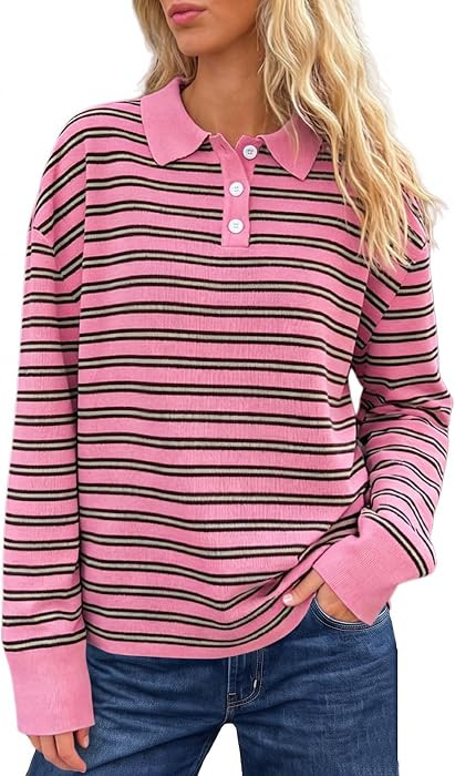 Oversized Striped Sweater for Women Collared Long Sleeve Preppy Polo Sweater Vintage Aesthetic Kn... | Amazon (US)