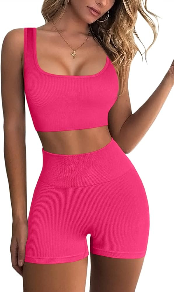 QINSEN Workout Sets for Women 2 Piece Seamless Ribbed Crop Tank High Waist Shorts Yoga Outfits | Amazon (US)