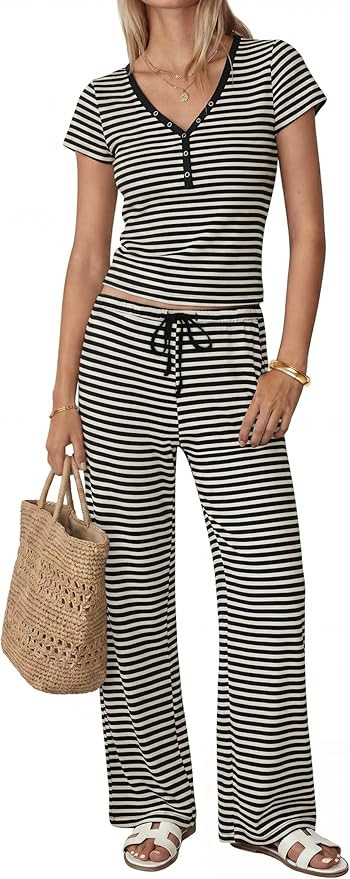 Womens Two Piece Set Striped Short Sleeve V Neck Top Wide Leg Pants Sets Cotton Matching Lounge P... | Amazon (US)