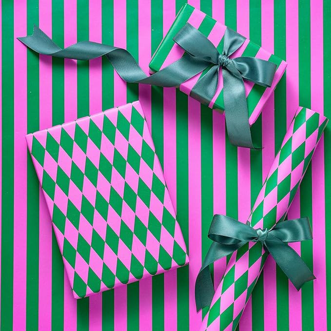 RUSPEPA Reversible Wrapping Paper Roll for Girls, Mini Roll, Pink and Green Stripes and Diamond P... | Amazon (US)