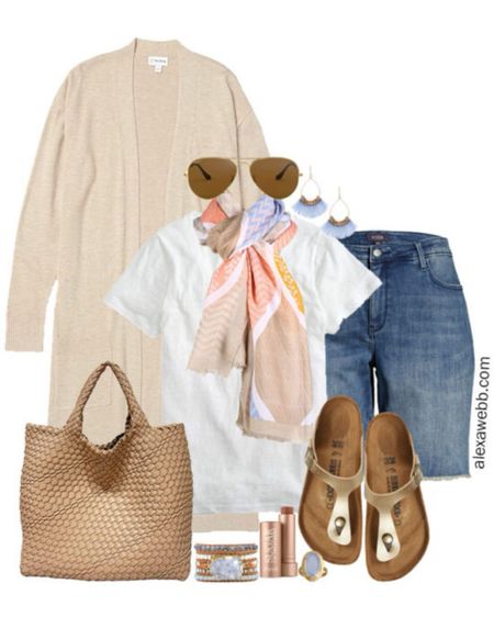 Plus Size Spring Duster Outfits - A plus size outfit for spring with denim Bermuda shorts, a beige duster cardigan, t-shirt, scarf, and sandals by Alexa Webb.

#LTKplussize #LTKSeasonal #LTKstyletip