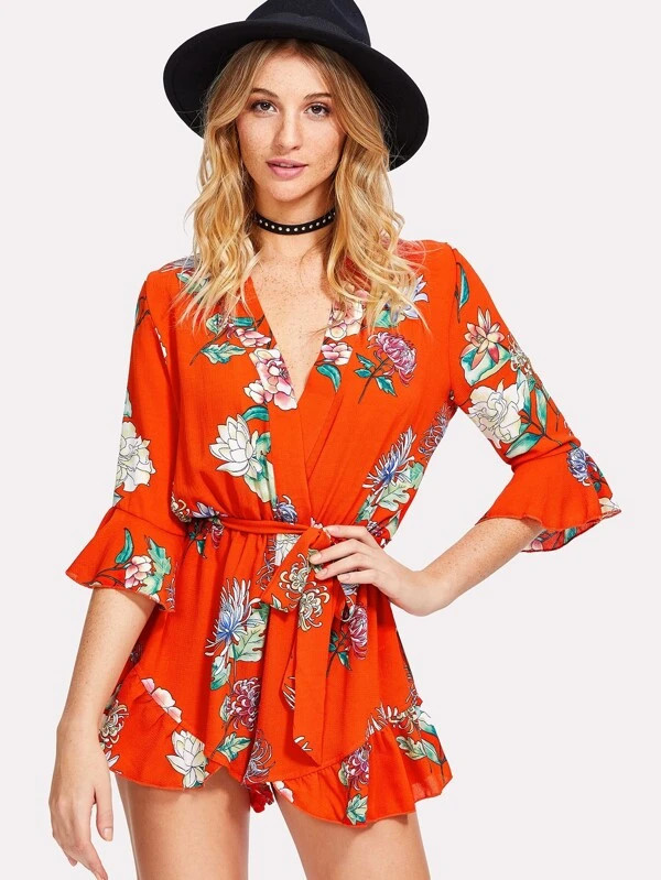 SHEIN Ruffle Sleeve Surplice Wrap Romper | SHEIN