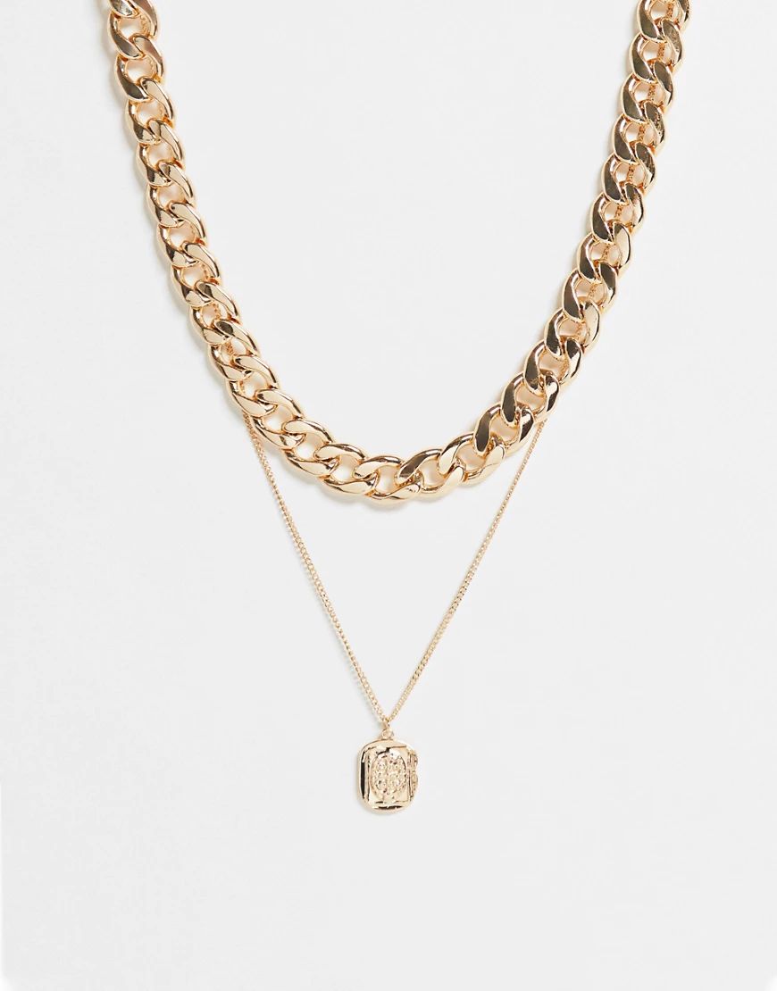 Monki Lorin chunky chain and pendant layering necklace in gold | ASOS (Global)