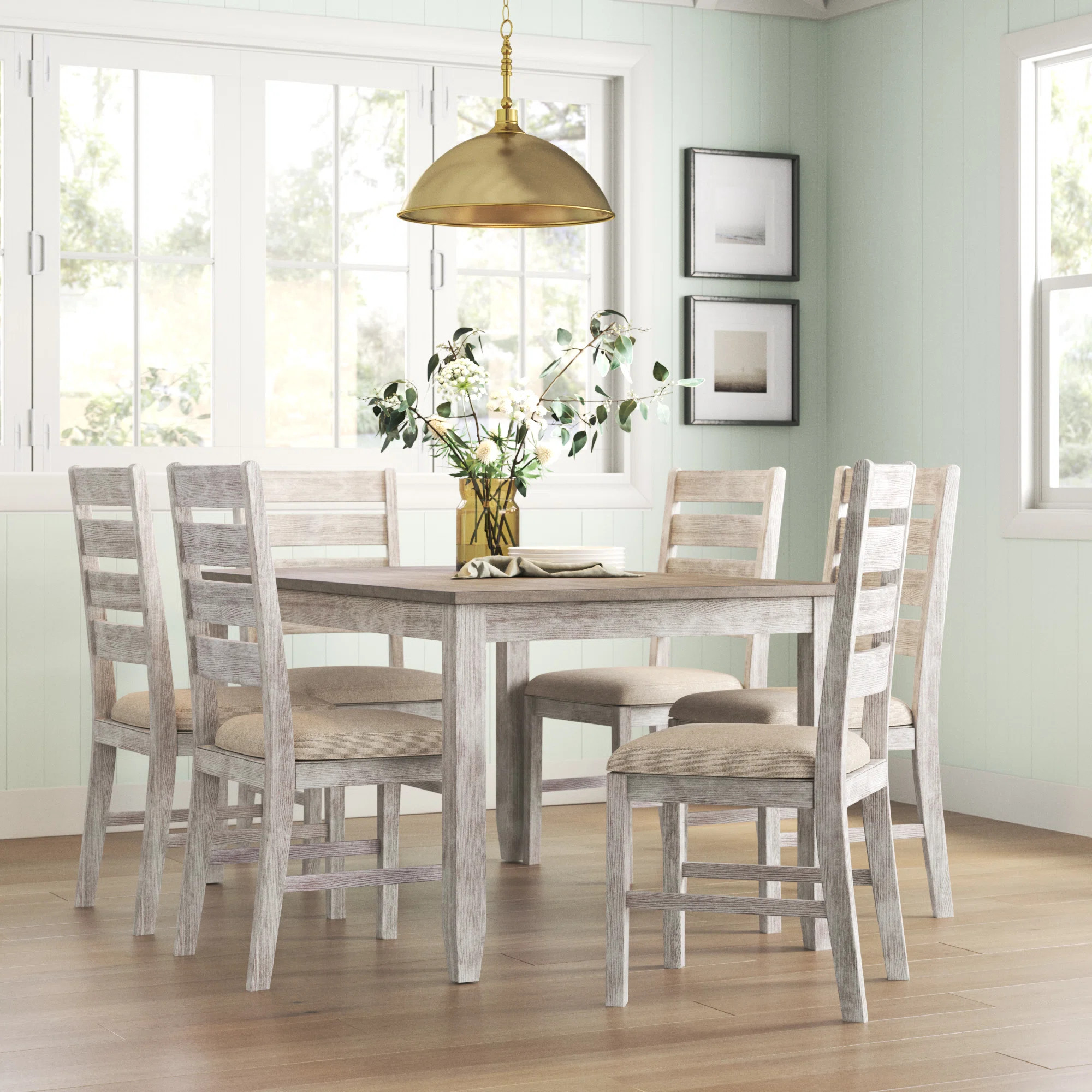 Sand & Stable™ Mereworth 7 Piece Dining Table Set | Rectangular Wood Top and 6 Ladder-Back Chai... | Wayfair North America
