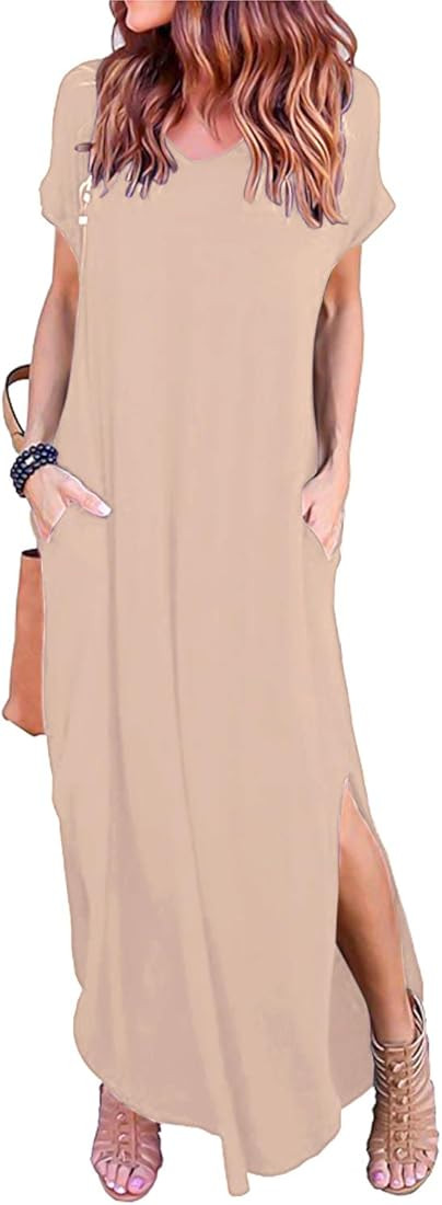 HUSKARY Women's Summer Maxi Dress Casual Loose Pockets Long Dress Short Sleeve Split | Amazon (US)