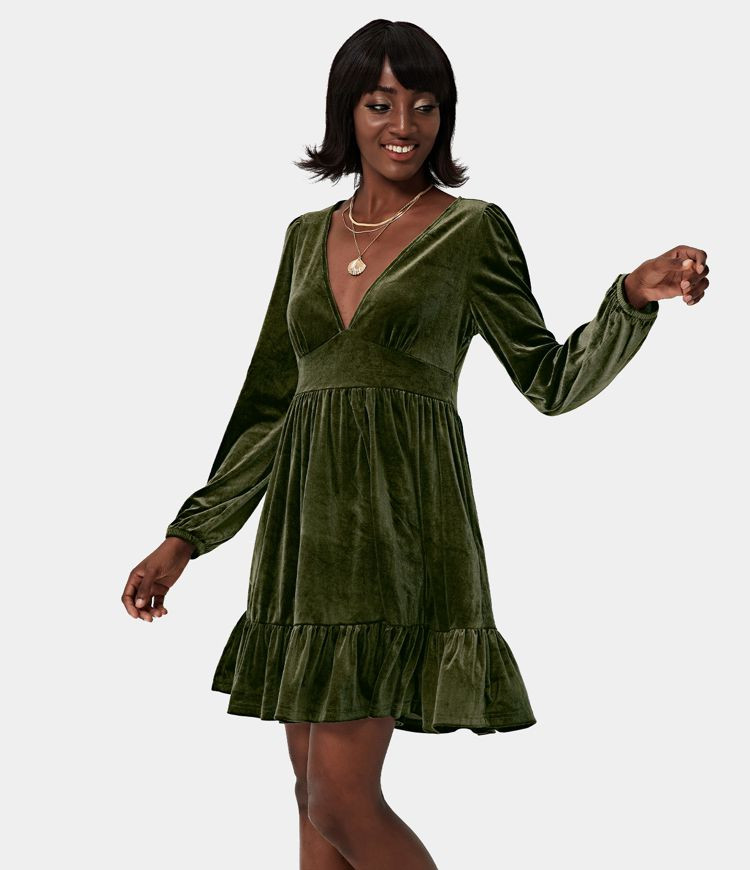 Everyday Deep V Neck Ruffled Hem Velvet Mini Chill Party Dress | HALARA
