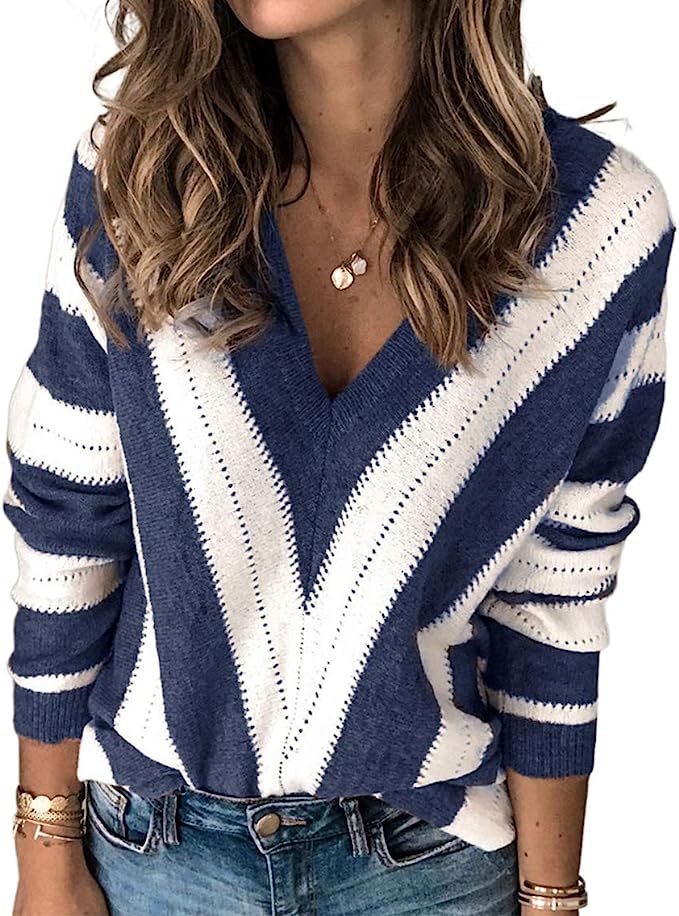 PRETTYGARDEN Women's Fashion Long Sleeve Striped Color Block Knitted Sweater Crew Neck Loose Pull... | Amazon (US)