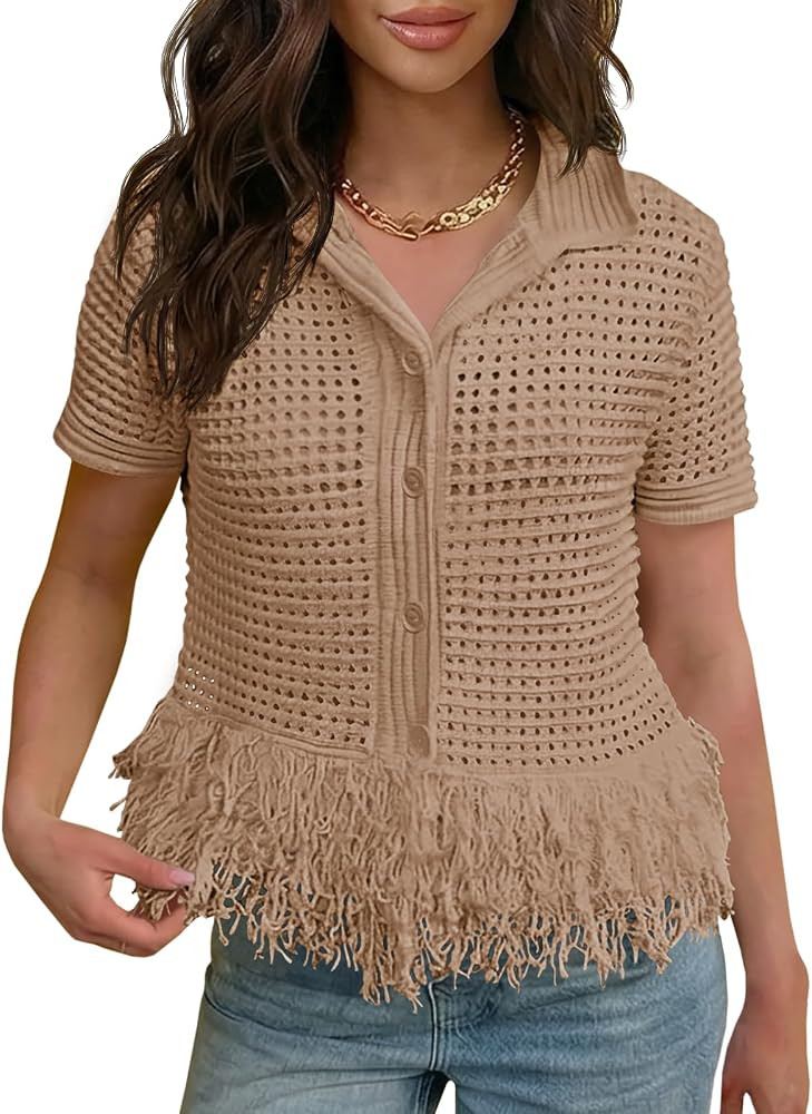 Fisoew Womens Crochet Cardigan Short Sleeve Fringe Collared Button Up Sweater Tops Boho 2026 Summer Vacation Shirts | Amazon (US)