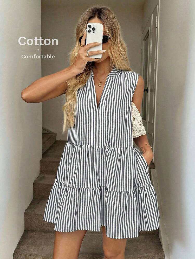 Easowa V-Ausschnitt R\u00fcschen Saum Volant Saum A-Linie Kleid, L\u00e4ssig Urlaub Elegant \u00e... | SHEIN