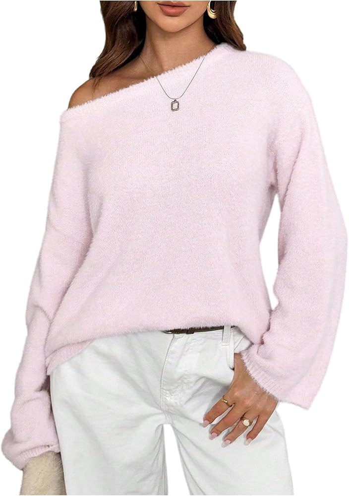 SOLY HUX Women's Off The Shoulder Sweater Pullover Fuzzy Long Sleeve Knit Jumper Tops | Amazon (US)