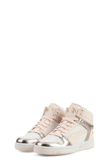 PUMA Kids' Rebound Layup High Top Sneaker in Puma White-Jasmine Flower-Gold at Nordstrom Rack, Size 4.5 M | Nordstrom Rack