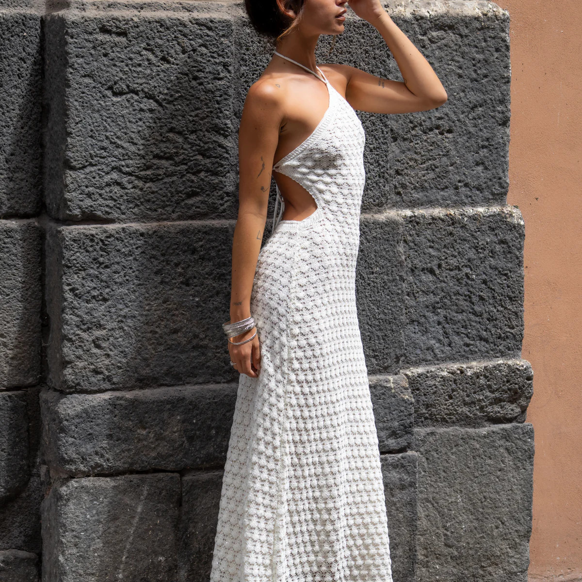 Amara White Halter Glitter Knit Maxi Dress | 12th Tribe