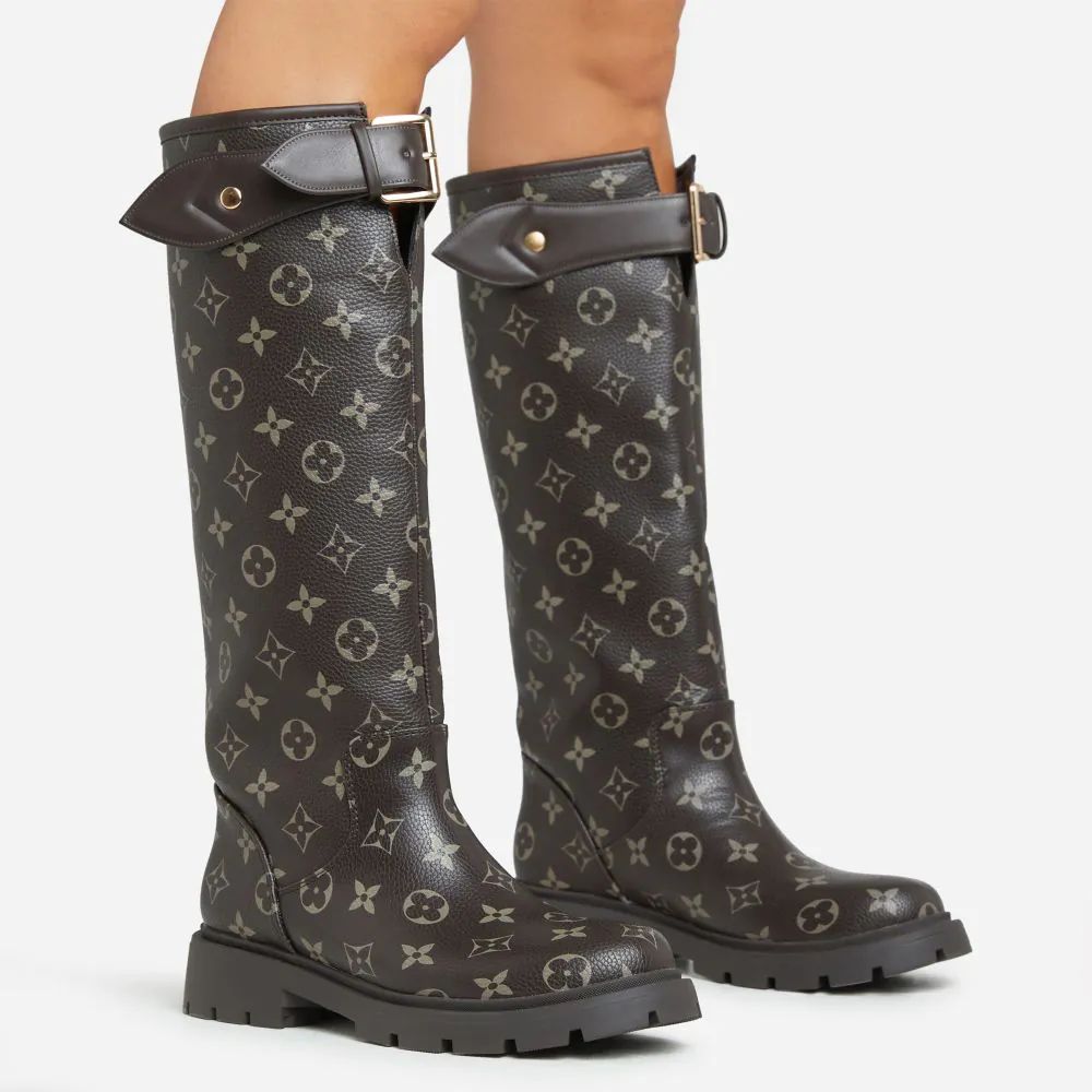 Ethyl Printed Logo Buckle Detail Mid Calf Wellington Style Boot In Brown Faux Leather | EGO Shoes (US & Canada)