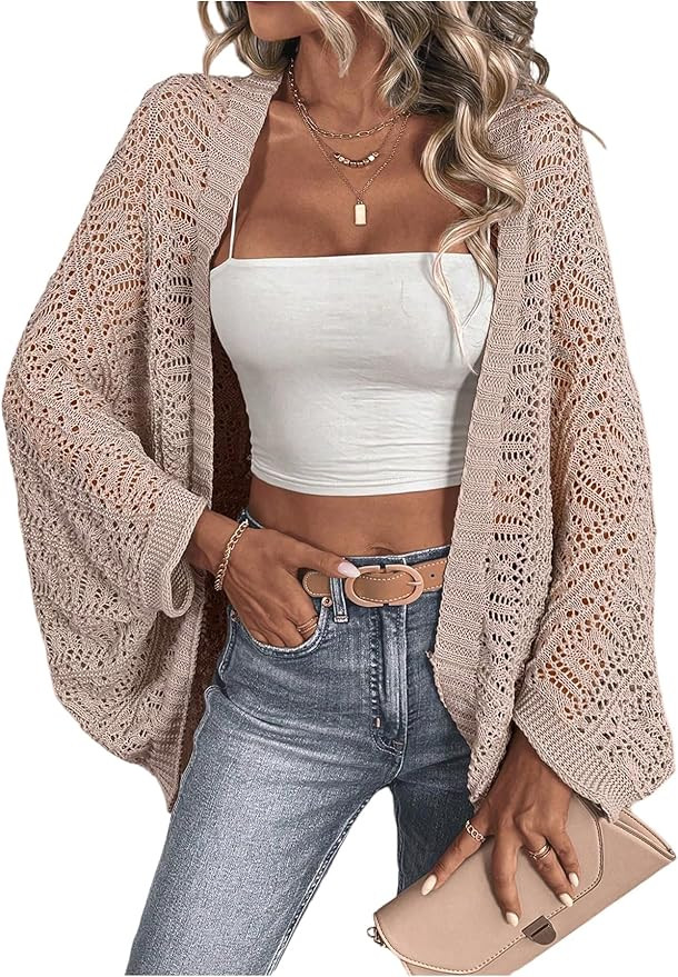 SHENHE Women's Open Front Loose Hollow Out Casual Dolman Sleeve Asymmetrical Cardigan Sweater Spr... | Amazon (US)