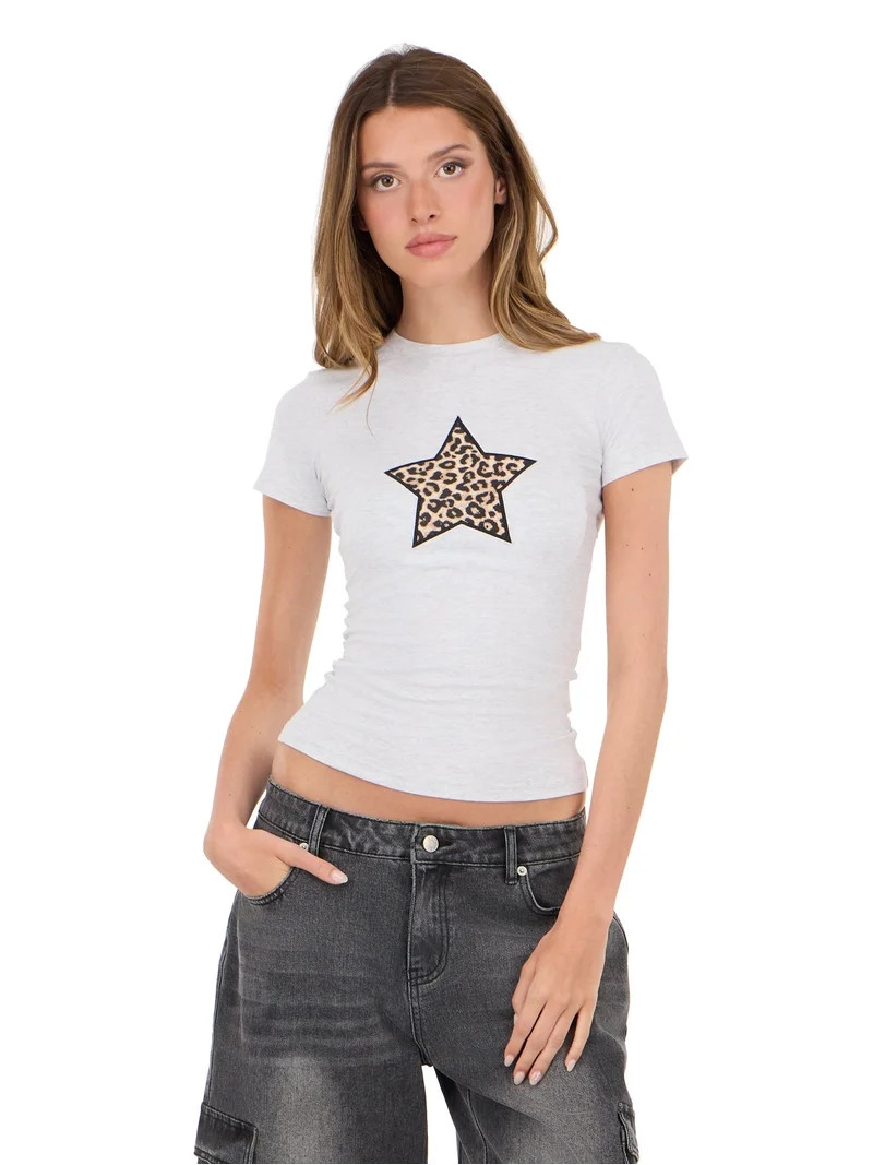 Forever 21 Women's Crew Neck T-Shirt with Graphic Rhinestone Detail, Fitted Short Sleeve Tee, Cas... | Walmart (US)