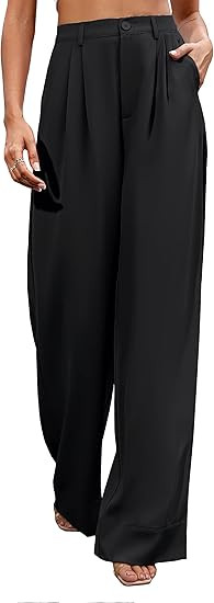 SIFLIF Women Casual Wide Leg Pants Button Down Straight Long Trousers Pants Elastic High Waist Dr... | Amazon (US)