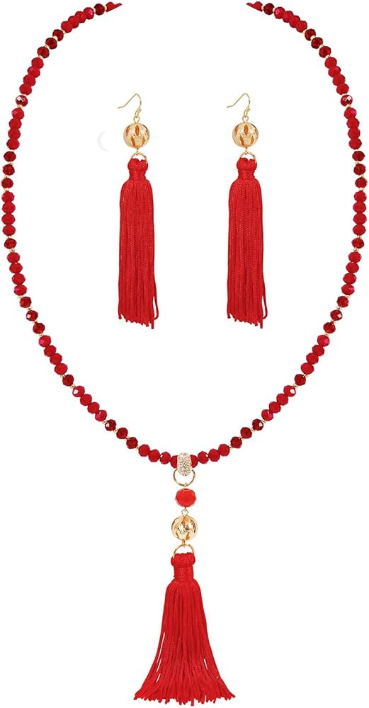 Long Beaded Strand Necklace with Tassel for Women Fashion Jewelry White, 33 inches | Amazon (US)