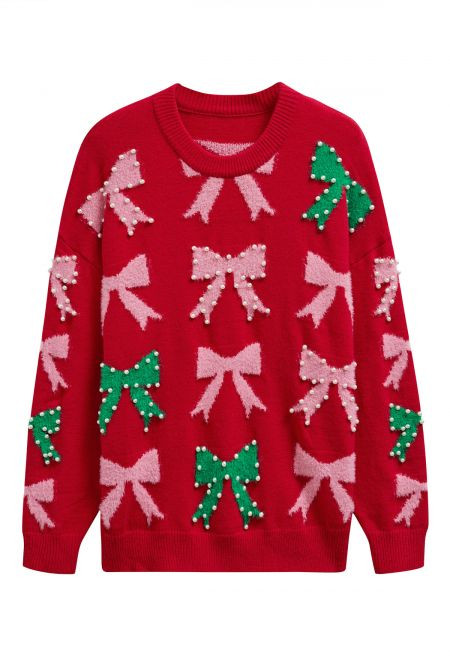 Bow Sweater, Christmas Bow Sweater, Fuzzy Ribbon Pearly Oversized Knit Sweater | Chicwish