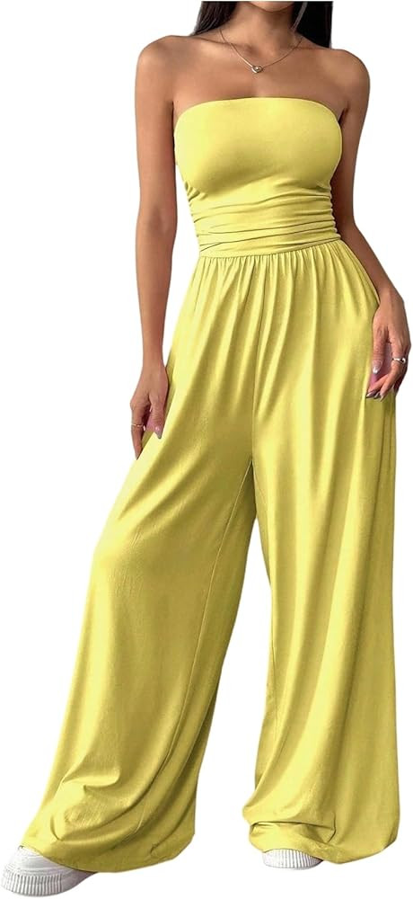 OYOANGLE Women's Strapless Jumpsuits Ruched Wide Leg Tube Romper Vacation Going Out Summer Outfit... | Amazon (US)