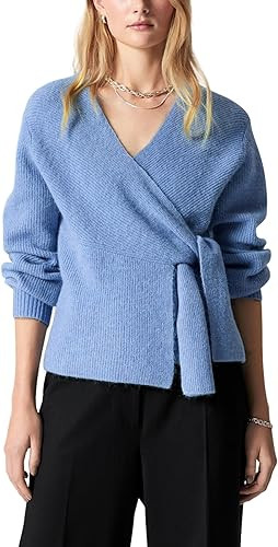 Women's Knitted Wrap Cardigan V-Neck Long Puff Sleeves with Self-Tie Belted Waist Sweater Tops | Amazon (US)