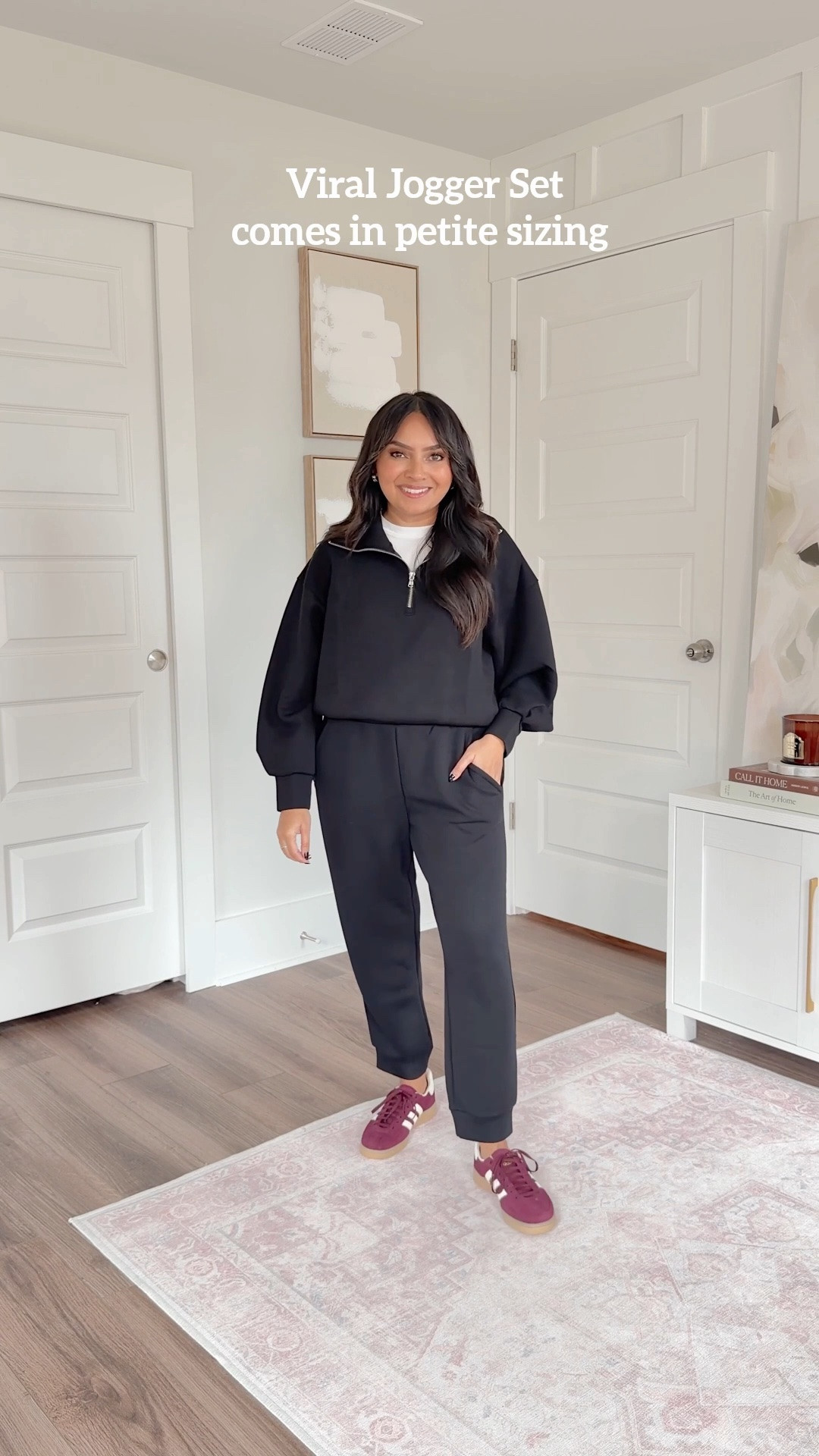 Black pullover size xs petite TTS
Black joggers size small petite TTS 
Sneakers size 6 TTS 

Viral lounge set - affordable and comes in petite sizing!

#LTKPetite #LTKSaleAlert #LTKTravel