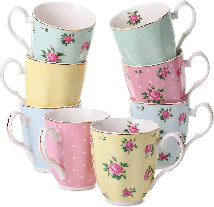 BTaT- Royal Coffee Mugs, 12 oz, Set of 8, Floral Mugs, Porcelain Bone China, Tea Mug, Coffee Cups... | Amazon (US)