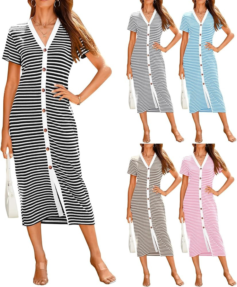 Striped Dress for Women 2024 Short Sleeve V Neck Midi Dress Ribbed Knit Decorative Button Dress C... | Amazon (US)