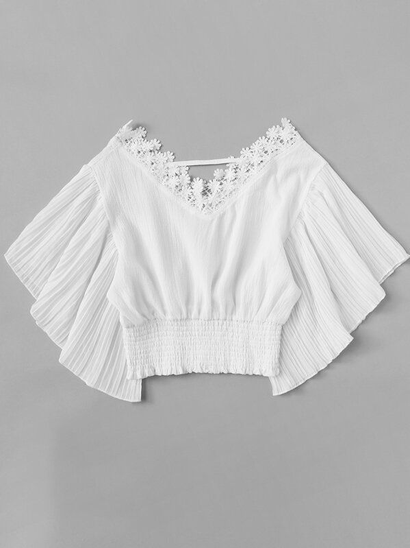 Lace Trim Pleated Sleeve Shirred Crop Top | SHEIN