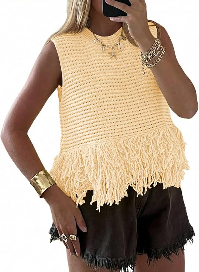 Saodimallsu Womens Crochet Crop Tank Tops Sleeveless Fringe Crew Neck Trendy Boho Knit Summer Swe... | Amazon (US)