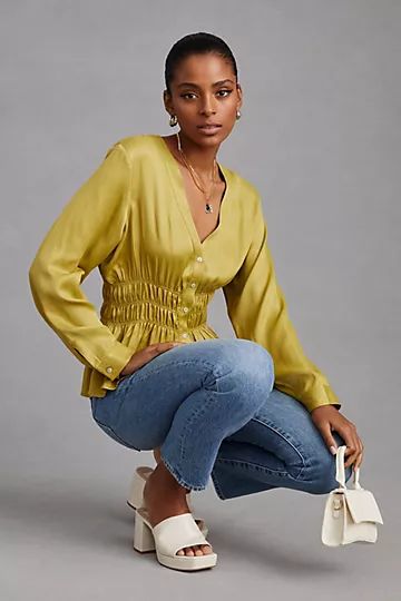 By Anthropologie Smocked Satin Blouse | Anthropologie (US)