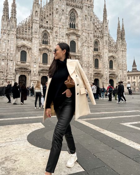 Kat Jamieson wears a classic outfit for walking around Milan. Leather pants, old Marni coat, sneakers, turtleneck, neutral style, winter outfit, pre spring transition, travel.

#LTKSeasonal #LTKshoecrush #LTKtravel