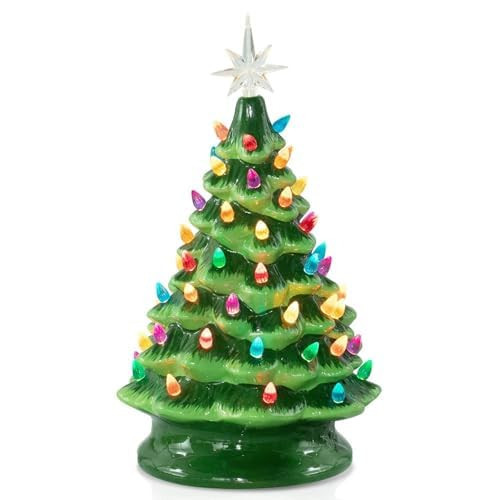 Brightown 13 Inch Ceramic Christmas Tree, Pre-lit Tabletop Christmas Tree with Multicolored LED Lights, Battery Operated Vintage Lighted Ceramic Tree for Home Office Table Holiday Decorations, Green | Amazon (US)