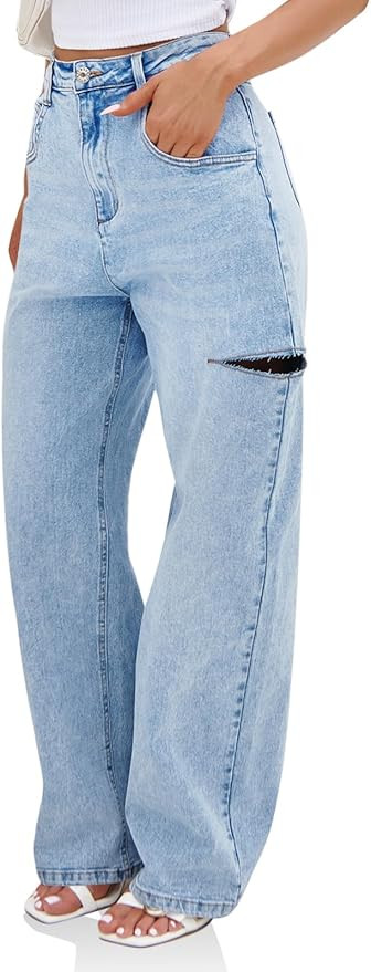 Cicy Bell Womens High Waisted Baggy Jeans Side Cut Out Wide Leg Stretchy Trendy Denim Pants with ... | Amazon (US)
