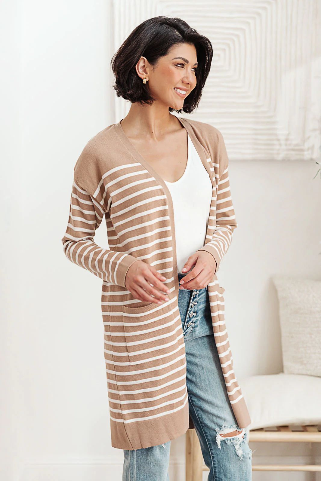 Swift Stripes Pocket Cardigan In Taupe | Peppered with leopard