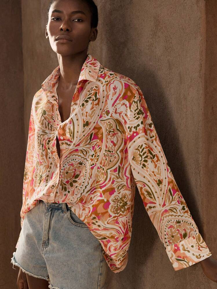 Maija Damen Mehrfarbige Retro Bedruckte Sommer Lässig Bluse, Vielseitig, Modisch, Bequem & Locker Geschnitten, Hemdkragen, Dropped Shoulder, Langarm, Knopfleiste, Geeignet Für Strandurlaub & Ibiza Sommer Outfit | SHEIN