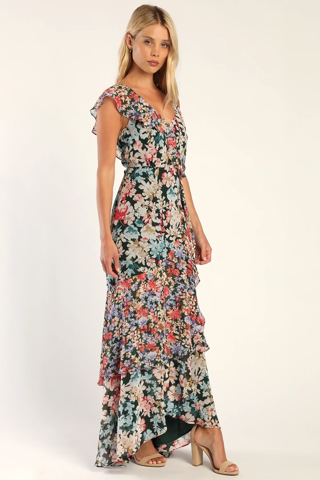 Radiant Hunter Green Floral Print Chiffon Maxi Dress | Lulus