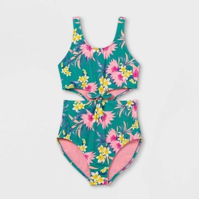 Girls' Floral Print Ribbed Tie-Front One Piece Swimsuit - art class™ Green | Target