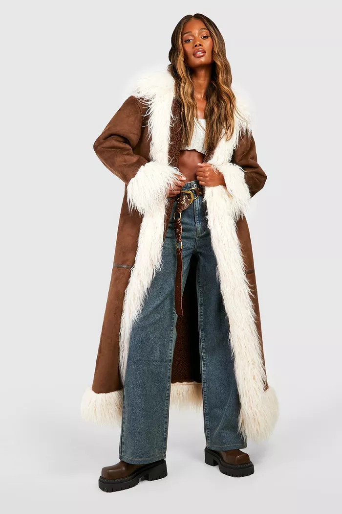 Oversized Faux Fur Detail Coat | boohoo (US & Canada)