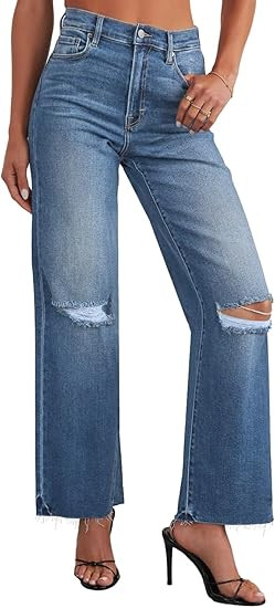 Allimy Women's High Waisted Straight Ankle Wide Leg Ripped Jeans Frayed Hem Stretchy Capri Denim ... | Amazon (US)